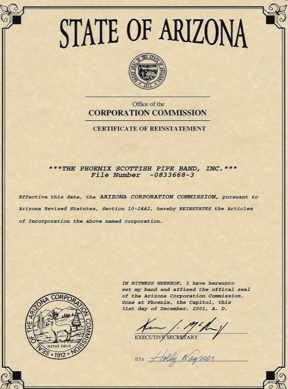 Arizona Corporation Commission Certificate